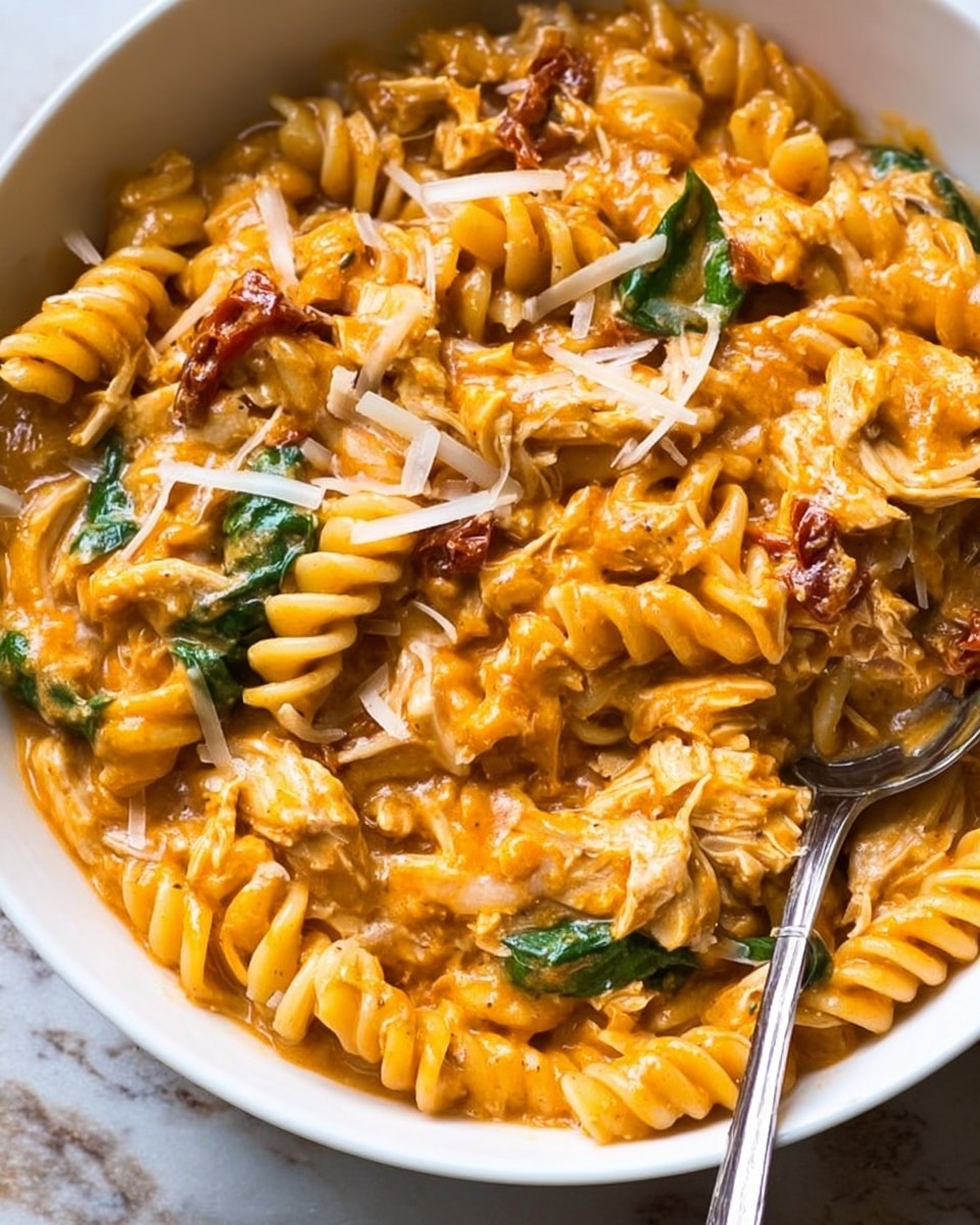 A white bowl filled with a thick orange creamy sauce mixed with spiral rotini pasta, shredded cooked chicken pieces, small chunks of sun-dried tomatoes, and fresh green spinach leaves. The pasta and chicken are coated well in the sauce, and there are thin shreds of white cheese sprinkled on top. A silver spoon is slightly inside the bowl on the right side, blending into the pasta mix. The bowl is placed on a surface with a white marbled texture. photo taken with an iphone --ar 4:5 --v 7