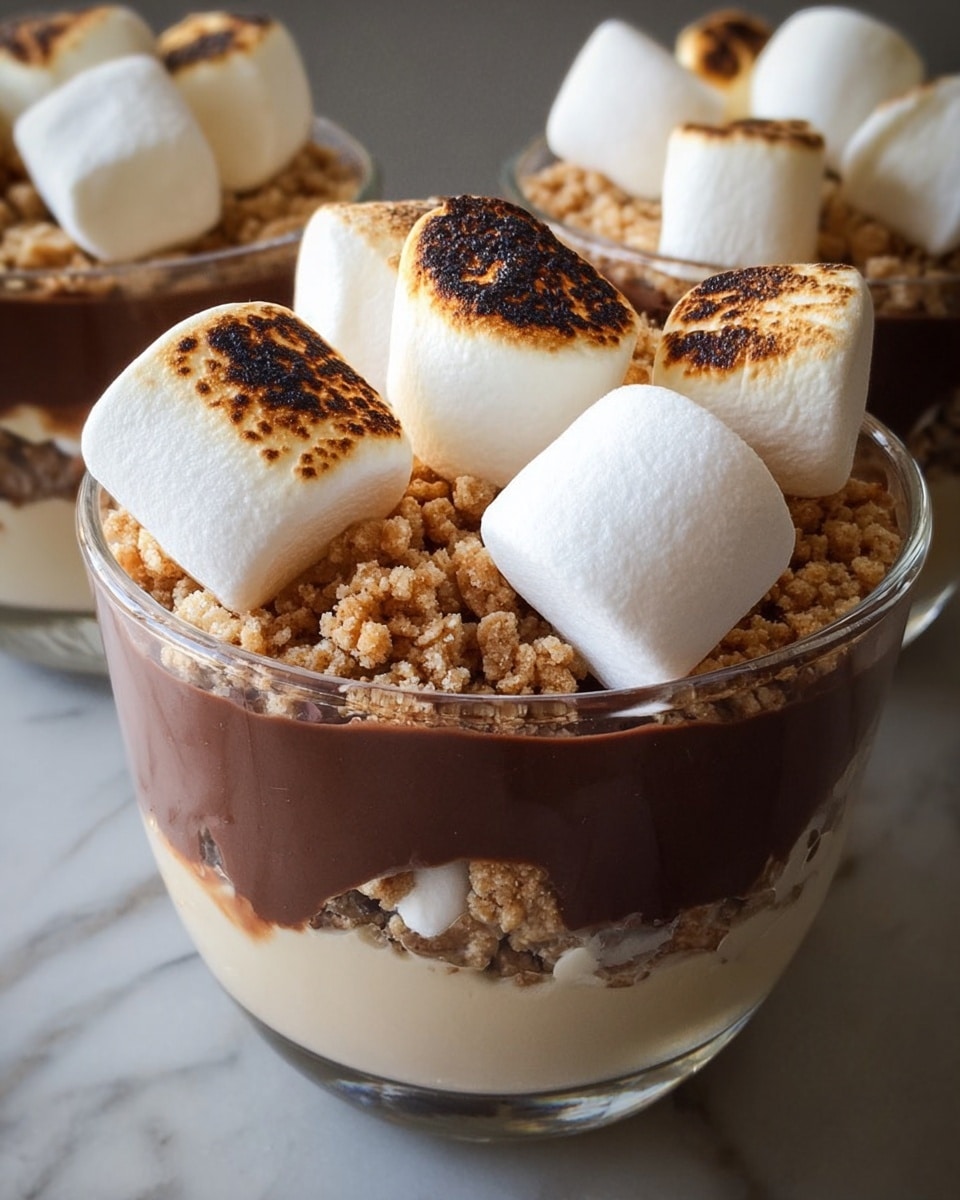 A close-up of a dessert in a clear glass showing three layers: the bottom layer is creamy pale beige, the middle layer is a crumbly, light brown texture, and the top layer is thick, glossy dark chocolate cream. On the very top, large white marshmallows are placed, some toasted with light brown spots. The glass is placed on a white marbled surface. Photo taken with an iphone --ar 4:5 --v 7