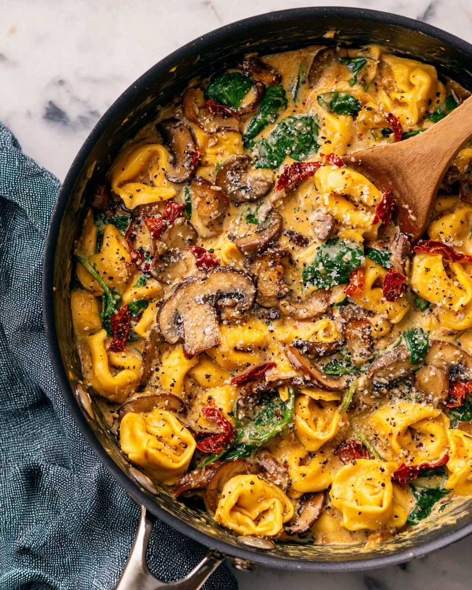 A close-up view of a black pan filled with cooked tortellini pasta in a creamy sauce, showing about three layers: the first is the yellow tortellini with soft curved shapes, the second layer includes sautéed brown mushroom slices and green spinach leaves scattered throughout, and the third layer has pieces of red sun-dried tomatoes mixed in. The sauce is glossy and creamy, lightly speckled with grated cheese and black pepper, creating a rich texture. A wooden spoon is partially submerged in the pan, and the whole scene is set on a white marbled surface with a blue-gray cloth beside it. Photo taken with an iphone --ar 4:5 --v 7
