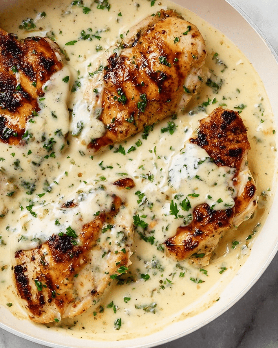 The image shows a white pan filled with four grilled chicken breasts covered in a thick, creamy white sauce with small green herb bits scattered on top. The grilled chicken has a golden brown, slightly charred texture that contrasts with the smooth sauce covering most of the chicken but leaving some browned parts visible. The creamy sauce looks rich and thick, pooling around and partly over the chicken pieces. The scene is set on a white marbled surface. photo taken with an iphone --ar 4:5 --v 7