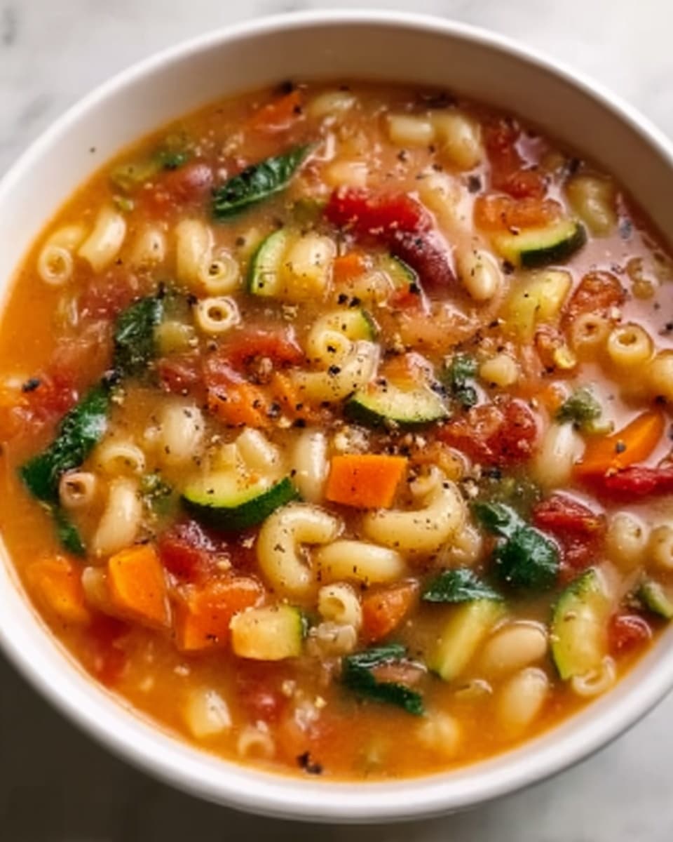 A white bowl filled with a colorful vegetable soup sits on a white marbled surface. The soup has many layers including small macaroni pasta, sliced carrots, diced celery, zucchini, beans, and dark leafy greens. The broth is light orange with small black pepper pieces on top, creating a textured look. The vegetables and pasta float evenly in the broth, showing a mix of soft and firm textures. photo taken with an iphone --ar 4:5 --v 7