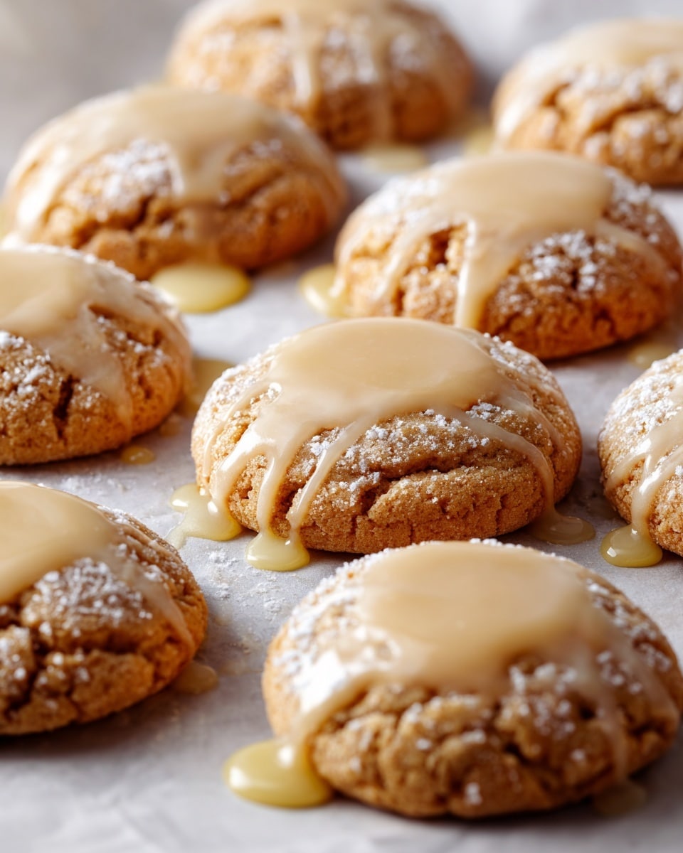 The image shows a close-up of nine golden-brown cookies arranged on parchment paper with a white marbled surface below. Each cookie is round and slightly thick with a crumbly texture on the edges and a smooth, light dusting of powdered sugar on top. The center of each cookie has a creamy, pale beige glaze, with one cookie being drizzled by a creamy, glossy liquid falling from above, creating a shiny pool at its middle. The overall look is warm and inviting with soft shadows highlighting the cookies' texture and glaze. photo taken with an iphone --ar 4:5 --v 7