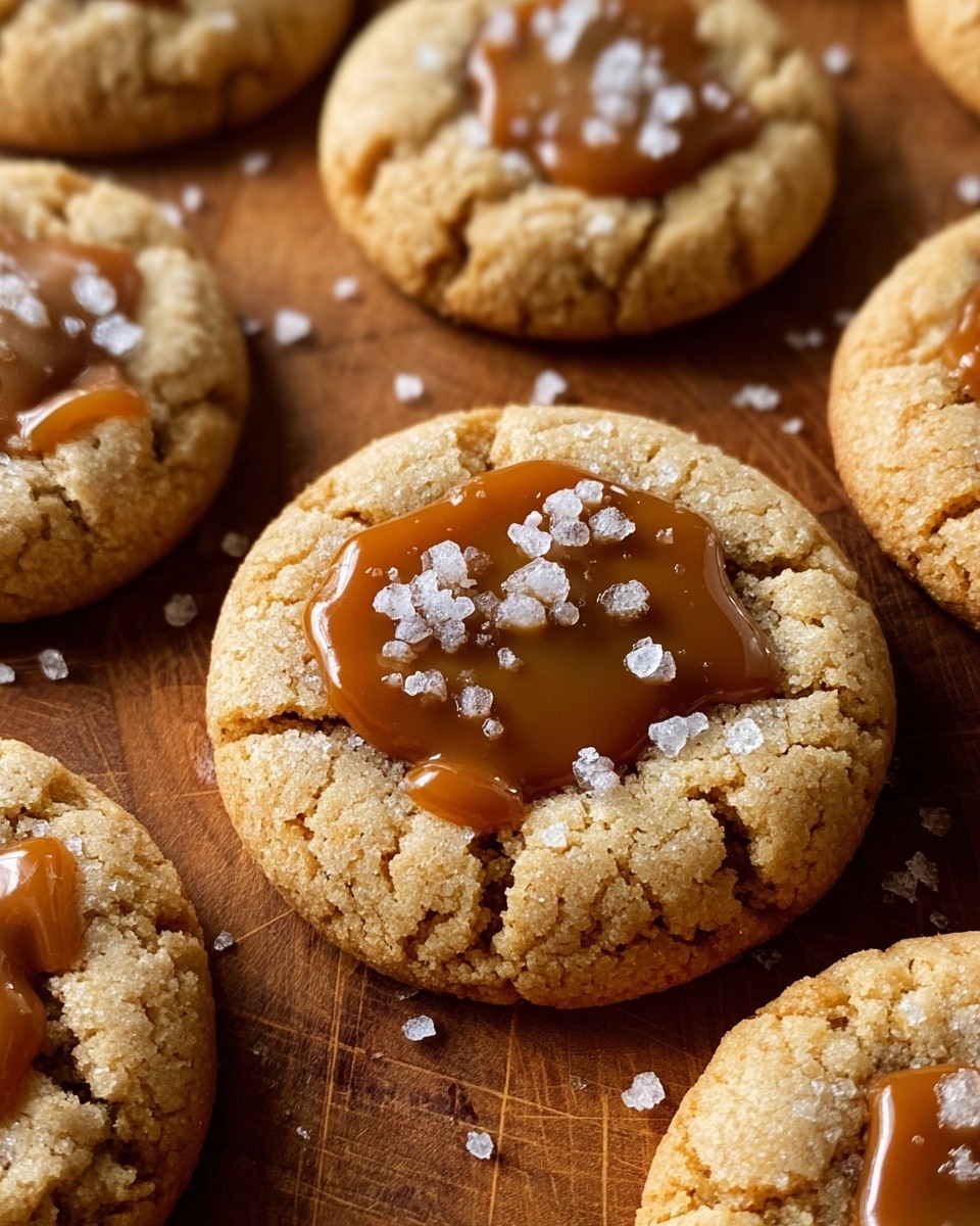 The image shows a close-up of several round cookies with a rough, golden-brown texture. Each cookie has a soft, lighter-colored center that looks slightly shiny and smooth, topped with small white salt flakes. Around the center, there are few blobs of glossy caramel in a warm brown color. The cookies are placed on a wooden surface with a warm tone, showing cracks and crumbs that add to their homemade feel. Photo taken with an iphone --ar 4:5 --v 7