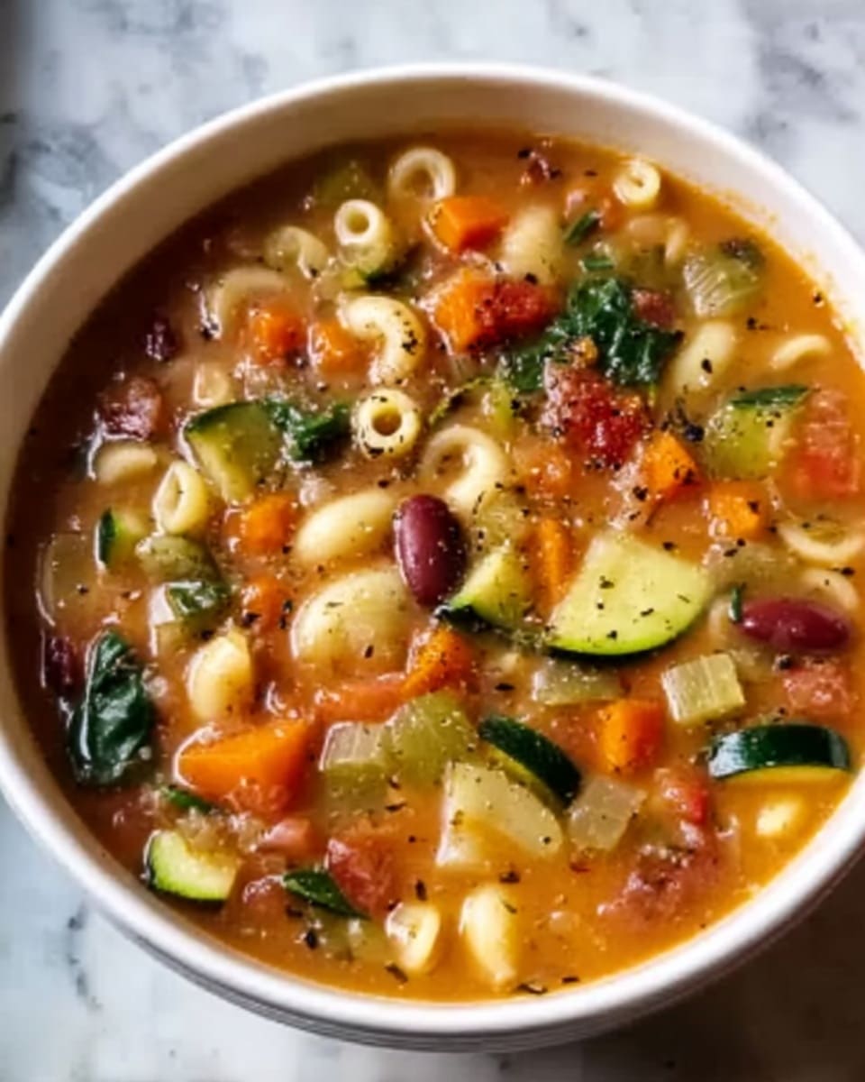 A white bowl filled with a thick vegetable soup that has three visible layers: a top layer of light orange broth with herbs and black pepper specks, a middle layer containing small pasta shells and diced celery in pale green and light orange tones, and a bottom layer showing chunks of carrots in bright orange, zucchini in green, and kidney beans in dark red mixed with leafy greens. The bowl sits on a white marbled surface. Photo taken with an iphone --ar 4:5 --v 7