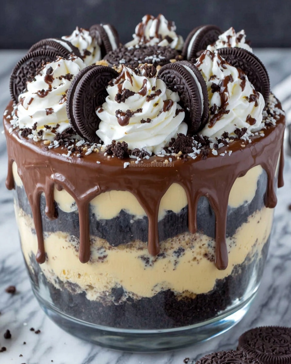 A clear glass bowl filled with many layers of dessert starts with a thick dark chocolate crumb base, topped with a light cream mixed with small black cookie bits, then a smooth milk chocolate layer dripping down the sides, followed by another dark chocolate crumb layer and more cream mix with cookie bits that spreads over the top. The top is decorated with white whipped cream swirls, drizzled with chocolate sauce and sprinkled with dark cookie crumbs, all topped with several whole round black cookies evenly placed around the bowl. The background is a white marbled texture. photo taken with an iphone --ar 4:5 --v 7