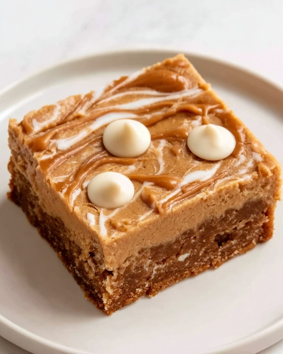 The image shows a single square piece of a peanut butter dessert bar on a white plate. The bar has three layers: the bottom layer is a dense, brown textured crust, the middle layer is a smooth, creamy light brown peanut butter filling, and the top layer is a slightly darker peanut butter drizzle with three large white chocolate chips embedded in it. The surface has a slightly glossy and swirled look, with some peanut butter drizzled over the top. The background is a white marbled texture. Photo taken with an iphone --ar 4:5 --v 7