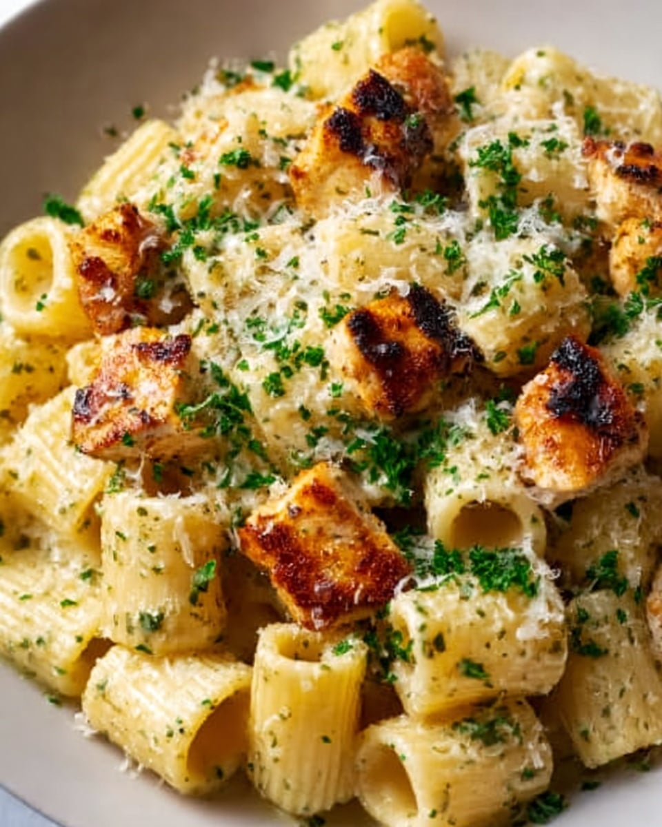 The image shows a close-up of a dish with rigatoni pasta mixed with pieces of grilled chicken. The rigatoni is creamy in color with a smooth texture, each piece hollow and ridged. The grilled chicken pieces are golden-brown with crispy edges, scattered evenly on top and within the pasta. Fresh green parsley is sprinkled all over the dish, adding a touch of bright color. Light shreds of grated cheese cover the surface lightly, melting slightly into the pasta. The food is placed on a white plate that contrasts with the vibrant ingredients, set on a white marbled surface. The light shines softly from above, highlighting the textures and colors. Photo taken with an iphone --ar 4:5 --v 7