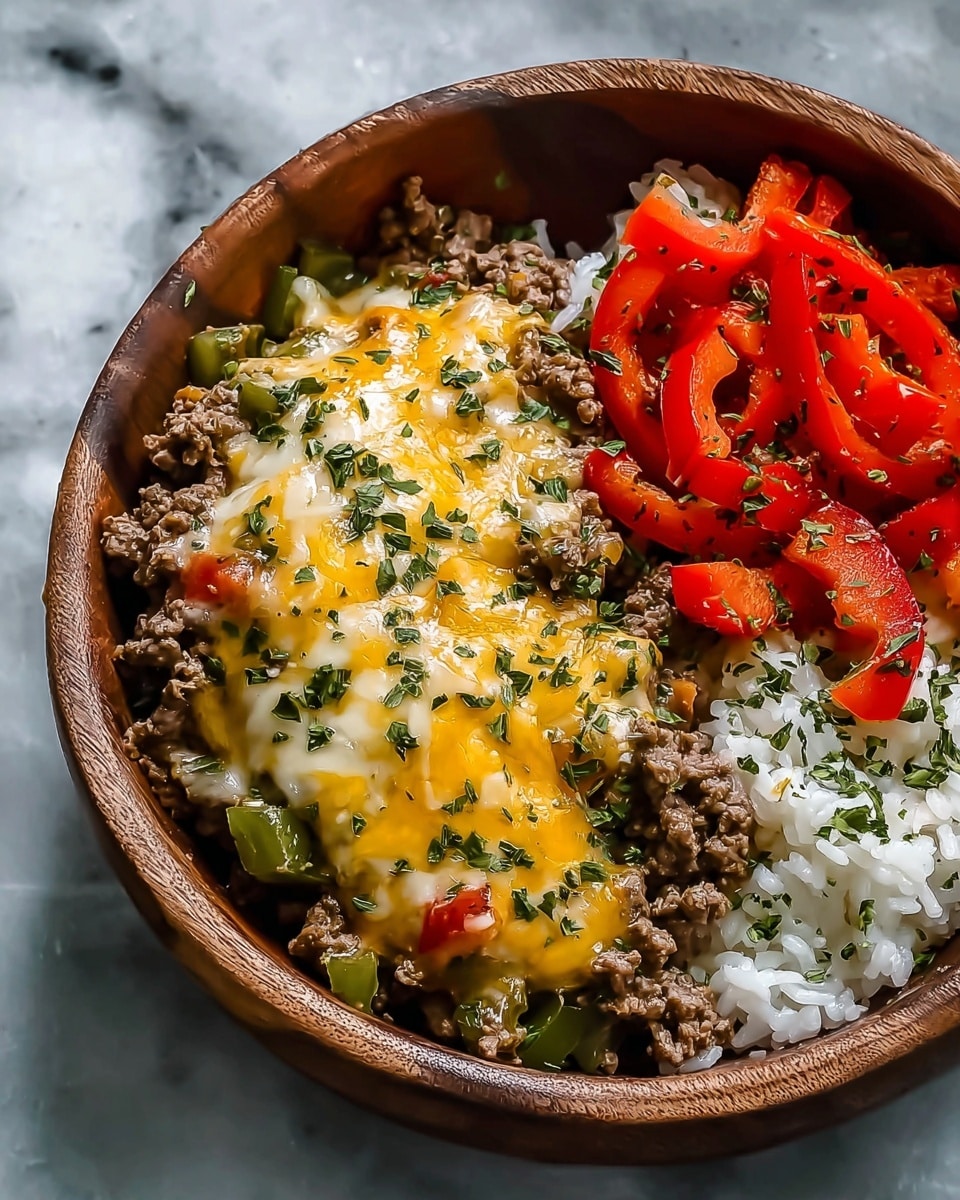 A white bowl filled with three distinct layers sits on a white marbled textured surface. The bottom layer is steamed white rice, evenly spread and fluffy. On top, there is a layer of cooked ground beef mixed with pieces of green bell pepper and some small bits of red pepper, covered with melted yellow and white cheese that looks gooey and sprinkled with chopped green herbs. The top right section features bright red sliced bell peppers that add a fresh and crunchy contrast. The bowl is wooden and round, with another similar bowl partially visible in the background. Photo taken with an iphone --ar 4:5 --v 7