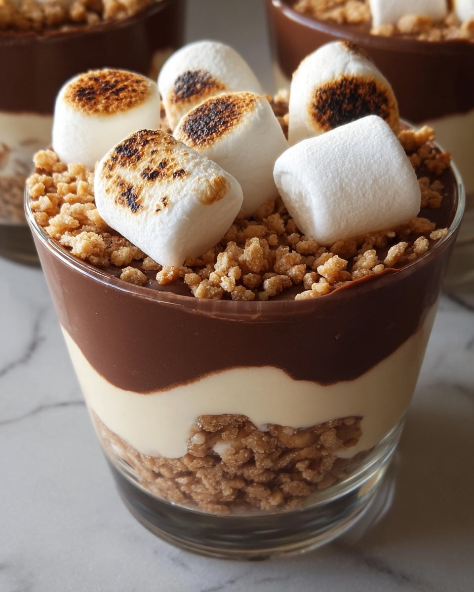 The image shows a dessert in a clear glass cup with four layers. The bottom layer is creamy and pale beige, smooth in texture. Above it is a thick dark brown chocolate layer, rich and dense. The third layer consists of small crunchy pieces in a light golden brown color, scattered evenly. The top layer is dark chocolate mousse, shiny and thick, spread evenly. On top sit large white marshmallows, some toasted with golden-brown spots, arranged closely together, filling the cup. The background is a white marbled surface. photo taken with an iphone --ar 4:5 --v 7