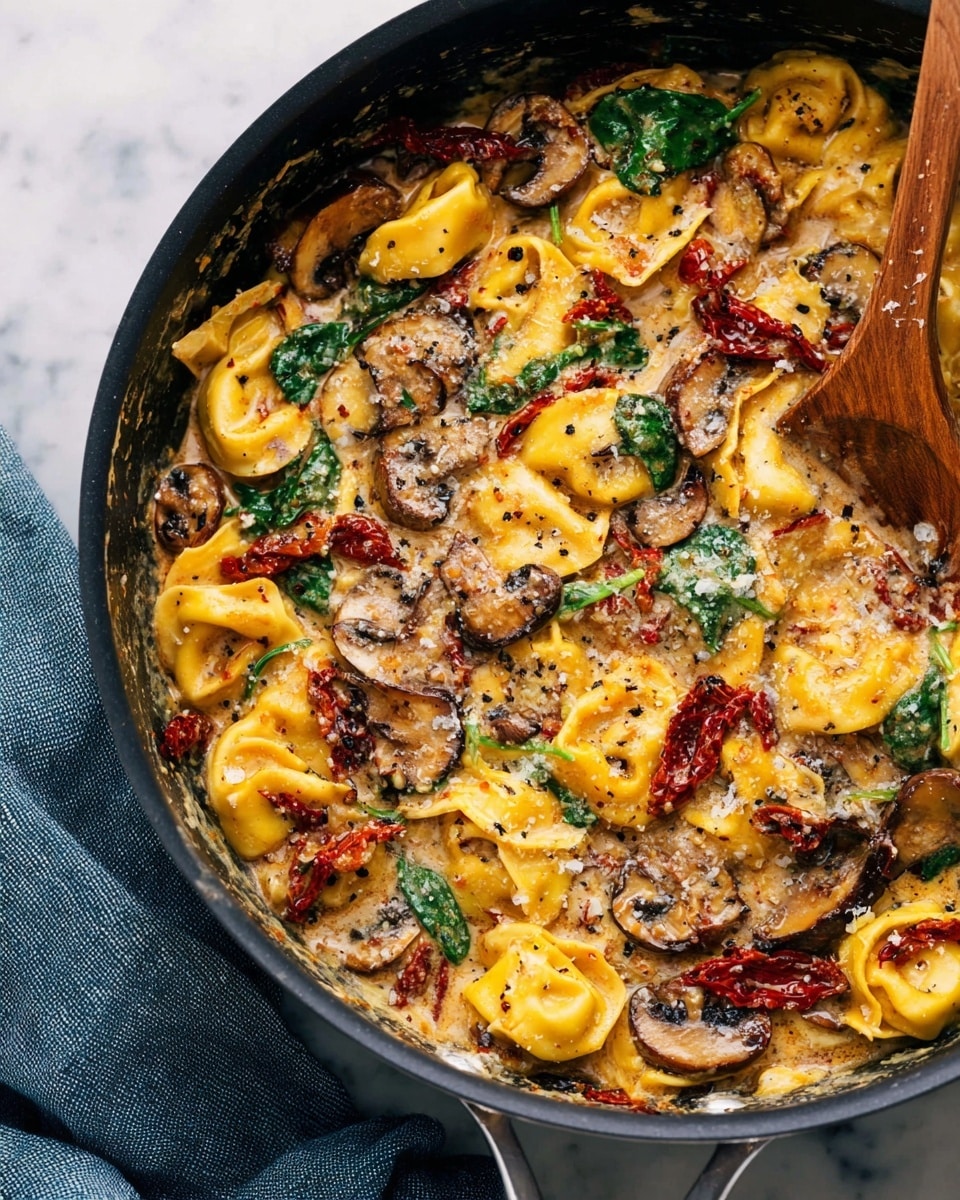 A close-up view of a black pan filled with creamy tortellini pasta layered with three main layers: the bottom layer consists of golden yellow tortellini pasta with soft, rounded edges; the middle layer is a mix of light brown sautéed mushrooms and bright green spinach leaves scattered unevenly across; the top layer has a creamy, glossy sauce with specks of grated cheese and red sun-dried tomato pieces adding color contrasts; a wooden spoon is partially visible in the pan, stirring the dish; the pan rests on a white marbled surface with a folded blue-gray cloth nearby. photo taken with an iphone --ar 4:5 --v 7