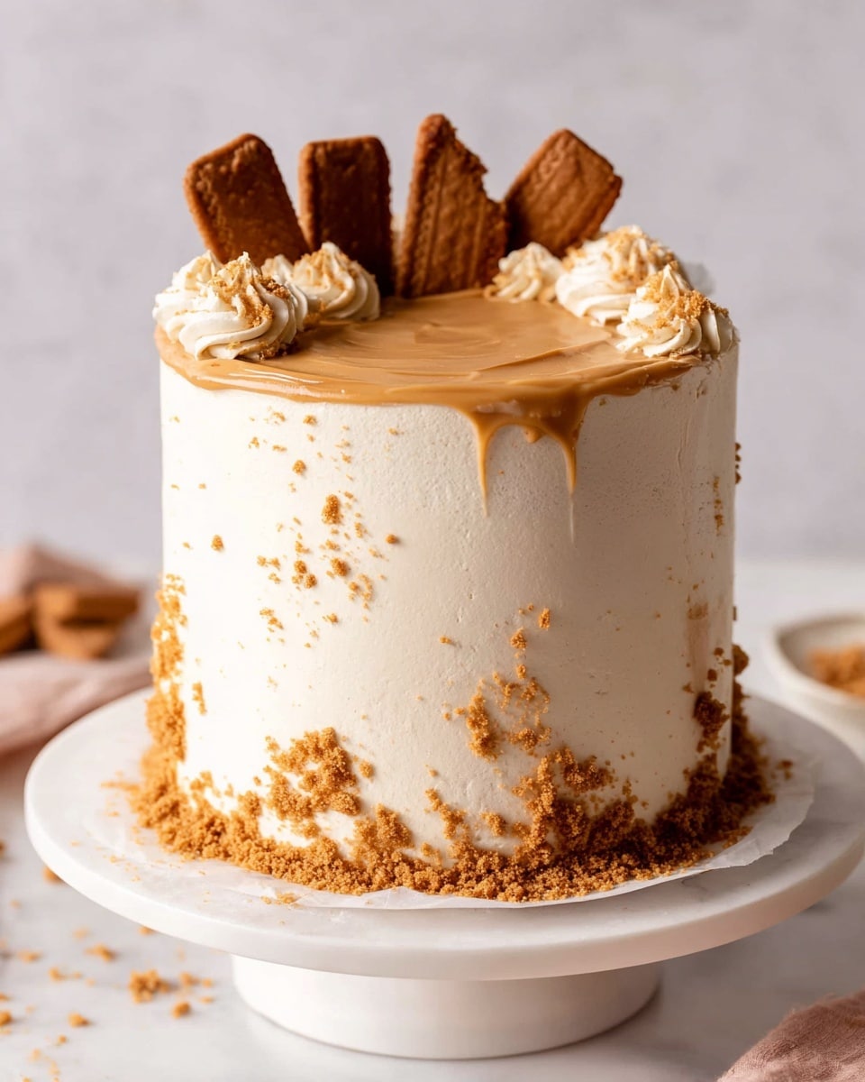 A small, tall round cake with smooth cream-colored frosting that has patches where the brown cake shows through, giving it a rustic look. The top layer of the cake is covered with the same cream frosting, with several pieces of crumbled brown cookies scattered on top. The cake sits on a white round marble board, placed on a white marbled surface with a soft-lit background. The overall color tones feature warm cream and brown shades. Photo taken with an iphone --ar 4:5 --v 7