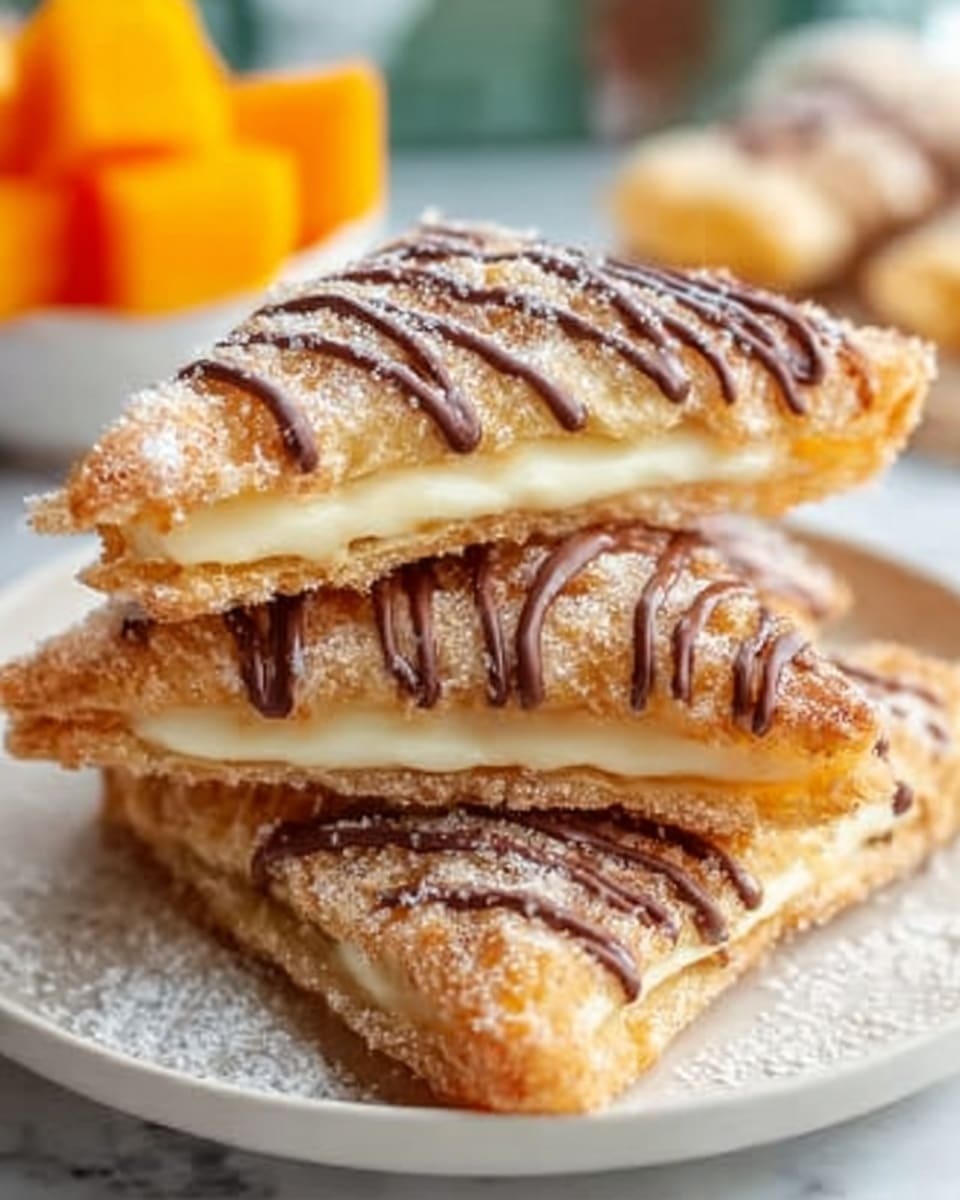 The image shows a stack of three crispy, golden brown dessert bars on a white plate with a white marbled surface background. Each bar has a bottom layer of light, flaky crust, followed by a creamy white filling in the middle, topped with another thin layer of crust dusted with powder sugar. Thin lines of chocolate drizzle run diagonally across the top layer, adding a dark contrast to the light colors. Pieces of cut cantaloupe and chocolate chips are slightly blurred in the background, giving a cozy, fresh feel. Photo taken with an iphone --ar 4:5 --v 7
