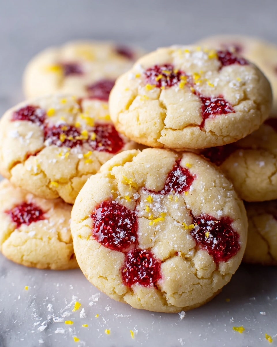 A close-up image of a pile of soft, round cookies stacked on each other. Each cookie has a light golden color with cracks on the surface, showing slightly chewy texture. They have bright red spots of raspberry jam embedded in the dough, scattered unevenly on top, and small sprinklings of powdered sugar and tiny yellow lemon zest pieces across the surface. The cookies sit on a white marbled texture, with some powdered sugar granules around them. photo taken with an iphone --ar 4:5 --v 7