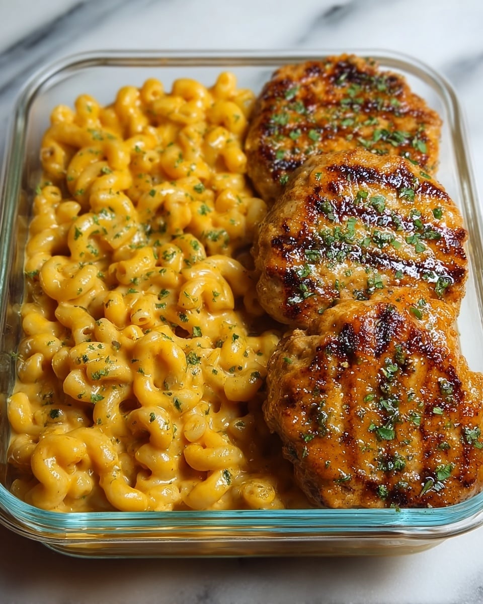 A clear glass dish holds two main layers side by side: on the left is a thick layer of creamy, golden-yellow macaroni and cheese with small maple leaf-shaped pasta, sprinkled with finely chopped green herbs; on the right are four browned, crispy chicken patties stacked slightly overlapping, each with a glazed, shiny surface and flecks of green herbs all over, giving a textured, juicy look. The dish sits on a white marbled surface. photo taken with an iphone --ar 4:5 --v 7