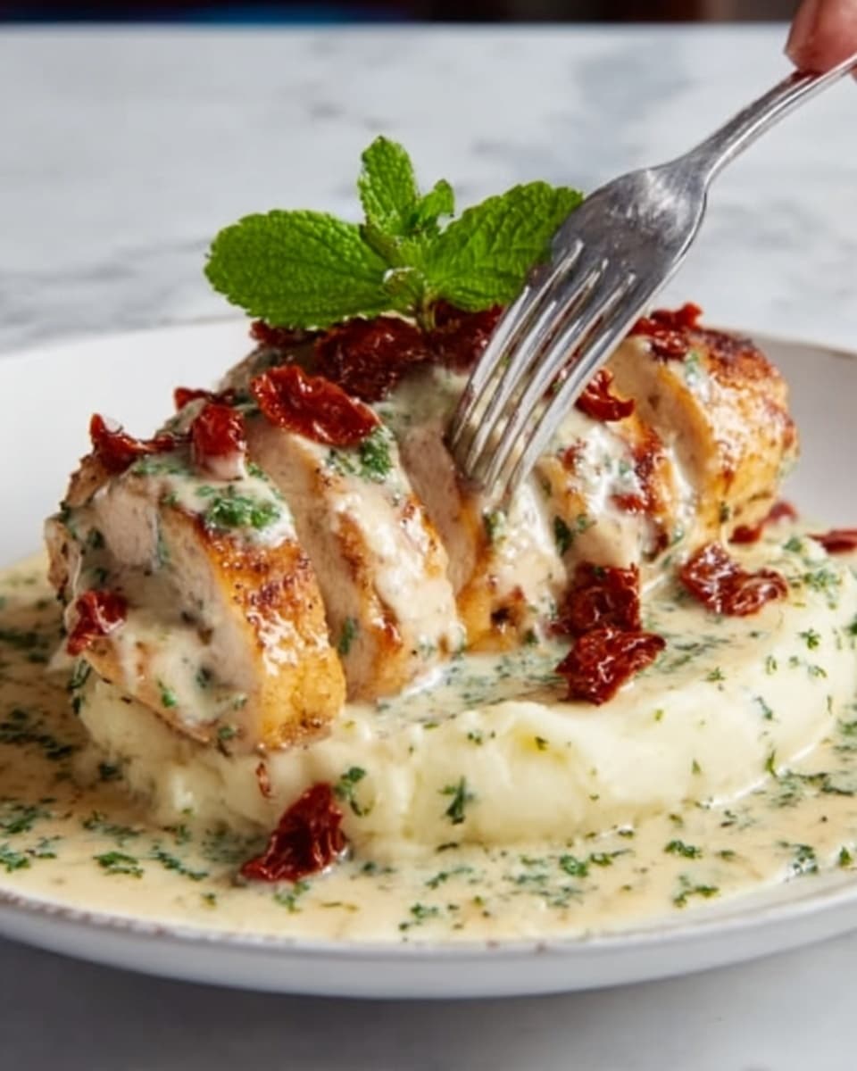 The dish shows thick slices of golden-brown chicken breast arranged in a row, covered with a creamy white sauce mixed with green herbs. On top of the chicken, there are pieces of dried red tomatoes adding a deep red color and a sprig of fresh green mint leaves placed towards the back. To the side, there is a smooth, fluffy mound of pale mashed potatoes. The chicken and mashed potatoes are on a white plate, all sitting on a white marbled surface. A woman's hand is holding a fork digging into the chicken. Photo taken with an iphone --ar 4:5 --v 7
