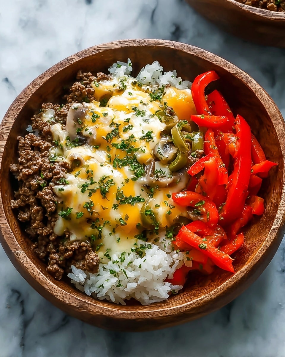 A wooden bowl holds a dish with three main layers. The bottom layer is white rice, fluffy and slightly separated. On one side of the rice are bright red sliced bell peppers, fresh and glossy. On top of the rice in the center is a layer of cooked ground beef mixed with pieces of green bell pepper and mushrooms, all covered with melted yellow and white cheese that looks creamy and slightly gooey. The dish is sprinkled with finely chopped green herbs for a fresh touch. The bowl is placed on a white marbled surface. Photo taken with an iphone --ar 4:5 --v 7