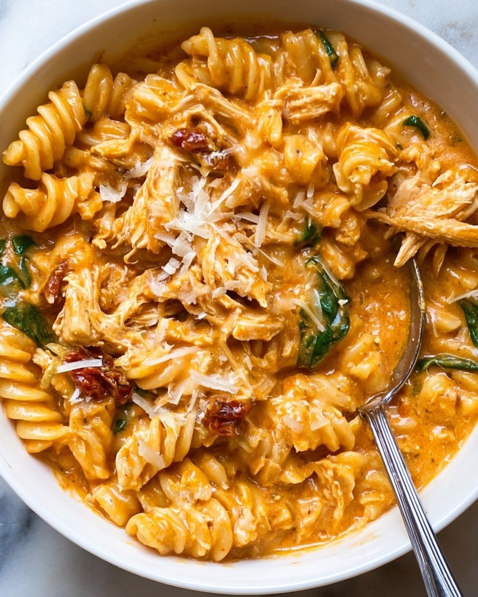 A close-up view of a white bowl filled with creamy orange sauce pasta. The dish has three main layers: spiral rotini pasta with a smooth pale yellow color twisted through the thick, creamy orange sauce; pieces of shredded chicken in light beige mixed evenly throughout; and small bits of dark brown sun-dried tomatoes and green spinach leaves scattered on top, along with thin shreds of white cheese sprinkled all over. A silver spoon with an ornate handle rests inside the bowl, slightly buried in the pasta. The bowl sits on a white marbled surface. photo taken with an iphone --ar 4:5 --v 7