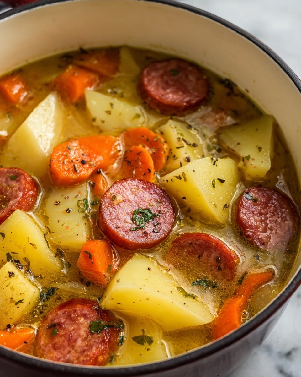 A close-up of a white pot filled with a rich stew showing three main layers: large yellowish potato chunks with a soft texture are scattered throughout, bright orange carrot slices with a smooth surface also mixed in, and thick slices of reddish-brown sausage with a slightly crispy outside resting on top. The broth is light brown and slightly thick, coating all the ingredients evenly, speckled with black pepper and green herbs. The white pot with a black rim sits against a white marbled texture surface. photo taken with an iphone --ar 4:5 --v 7