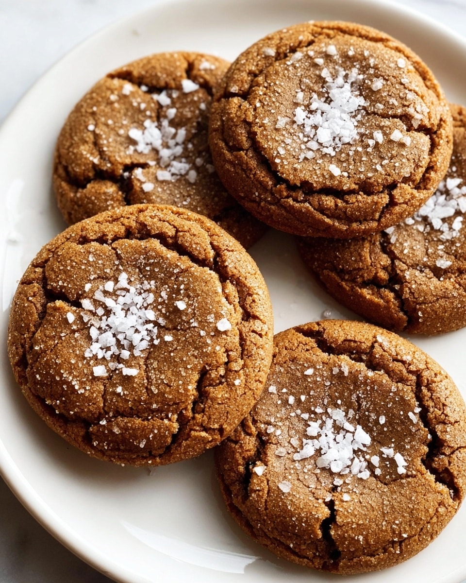Four cracked brown cookies sit closely together on a white plate over a white marbled surface. Each cookie has a textured, rough outer edge that is darker brown and cracked, while the center layer is smoother, slightly lighter brown, and topped with coarse white salt crystals scattered on top. The cookies' surfaces are dry but crumbly, showing layers formed by the dough’s expansion during baking. Photo taken with an iphone --ar 4:5 --v 7