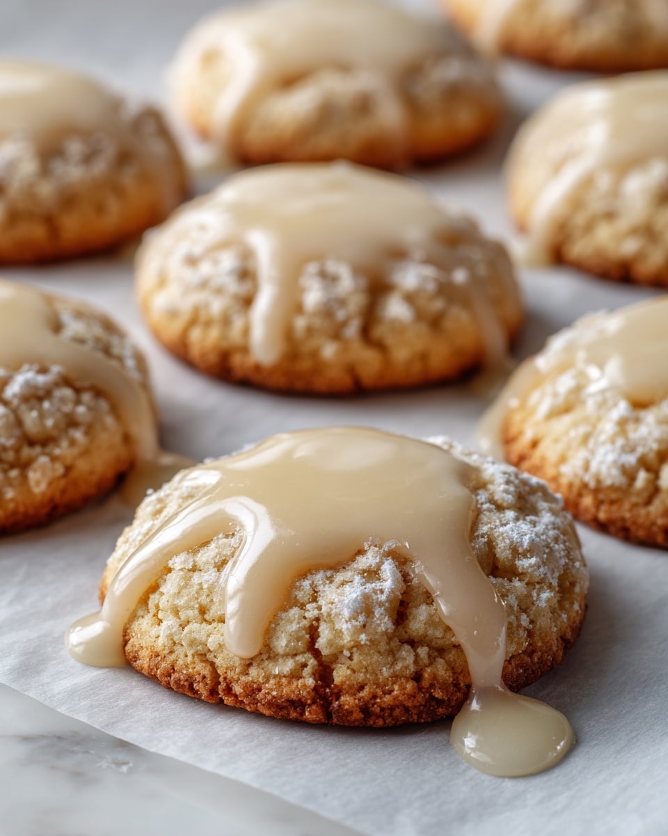 The image shows eight round cookies on a white marbled surface. Each cookie has a golden-brown color with a soft and slightly crumbly texture. The cookies are topped with a light cream-colored glaze being poured over one cookie in the center by a woman's hand holding a spoon. Powdered sugar is lightly dusted over the cookies, adding a snowy white contrast to the golden cookies and creamy glaze. The glaze appears smooth and shiny, creating a thick layer on top of the cookie in the middle. The cookies are arranged evenly, filling the frame with a warm, homemade feel. photo taken with an iphone --ar 4:5 --v 7