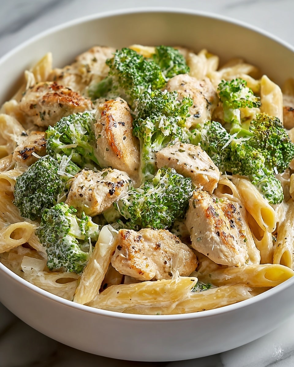 A white bowl filled with creamy pasta, showing about three layers: the bottom layer has penne pasta coated in a light creamy sauce in pale yellow; the middle layer has bright green broccoli florets scattered evenly; the top layer features golden-brown grilled chicken strips with a slightly crispy texture, mixed in with the broccoli and pasta, all lightly sprinkled with grated cheese. The surface beneath the bowl is a white marbled texture. photo taken with an iphone --ar 4:5 --v 7