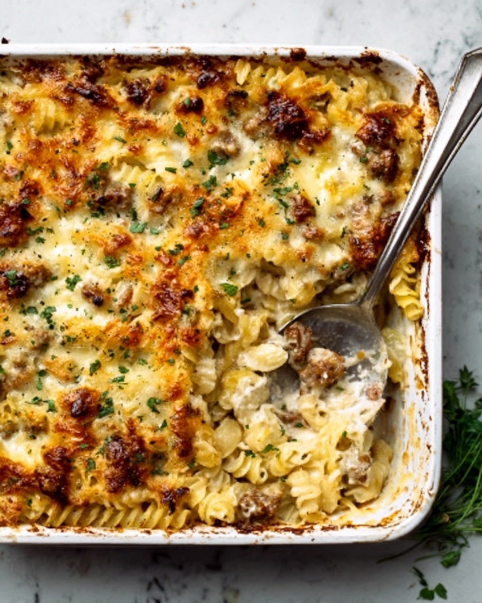 The image shows a white rectangular baking dish filled with a baked pasta casserole, layered with creamy cheese sauce and small pieces of browned sausage mixed evenly throughout. The top layer is a golden-brown melted cheese with a slightly crispy texture, sprinkled with small green herb bits. A large silver spoon rests inside the dish on the right side, revealing the creamy, saucy pasta underneath the cheese crust. The dish is placed on a white marbled surface with some green herbs visible at the corners. Photo taken with an iphone --ar 4:5 --v 7