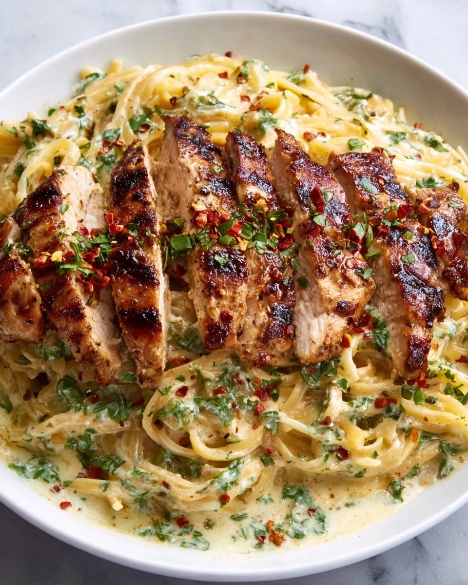 A white plate with creamy spaghetti layers topped by three large grilled chicken breasts, each with golden brown grill marks and a slightly crispy texture. The pasta looks smooth and thick with a light cream sauce, mixed with small bits of green herbs and red chili flakes scattered on top and around. The dish is garnished with fresh parsley pieces adding spots of green, creating a warm and inviting look. photo taken with an iphone --ar 4:5 --v 7
