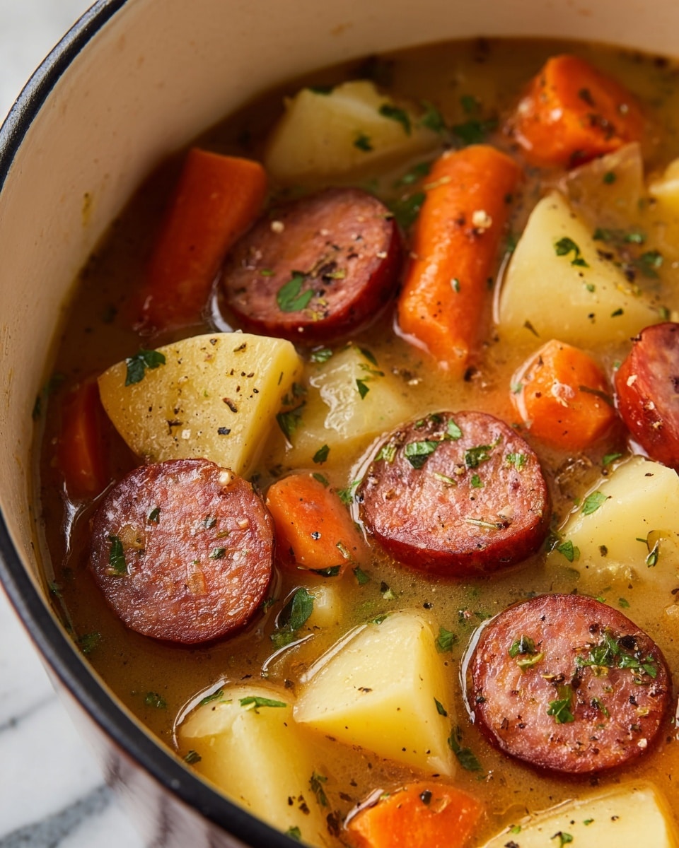 A close-up of a white pot filled with a thick stew showing three main layers: large, round slices of dark red cooked sausage with a rough texture floating on top, bright orange carrot slices slightly smaller than the sausage scattered throughout, and irregular chunks of pale yellow potato beneath them. The light brown broth has a slightly oily surface with black pepper specks and small green herb bits sprinkled on every ingredient. The pot sits on a white marbled surface. photo taken with an iphone --ar 4:5 --v 7
