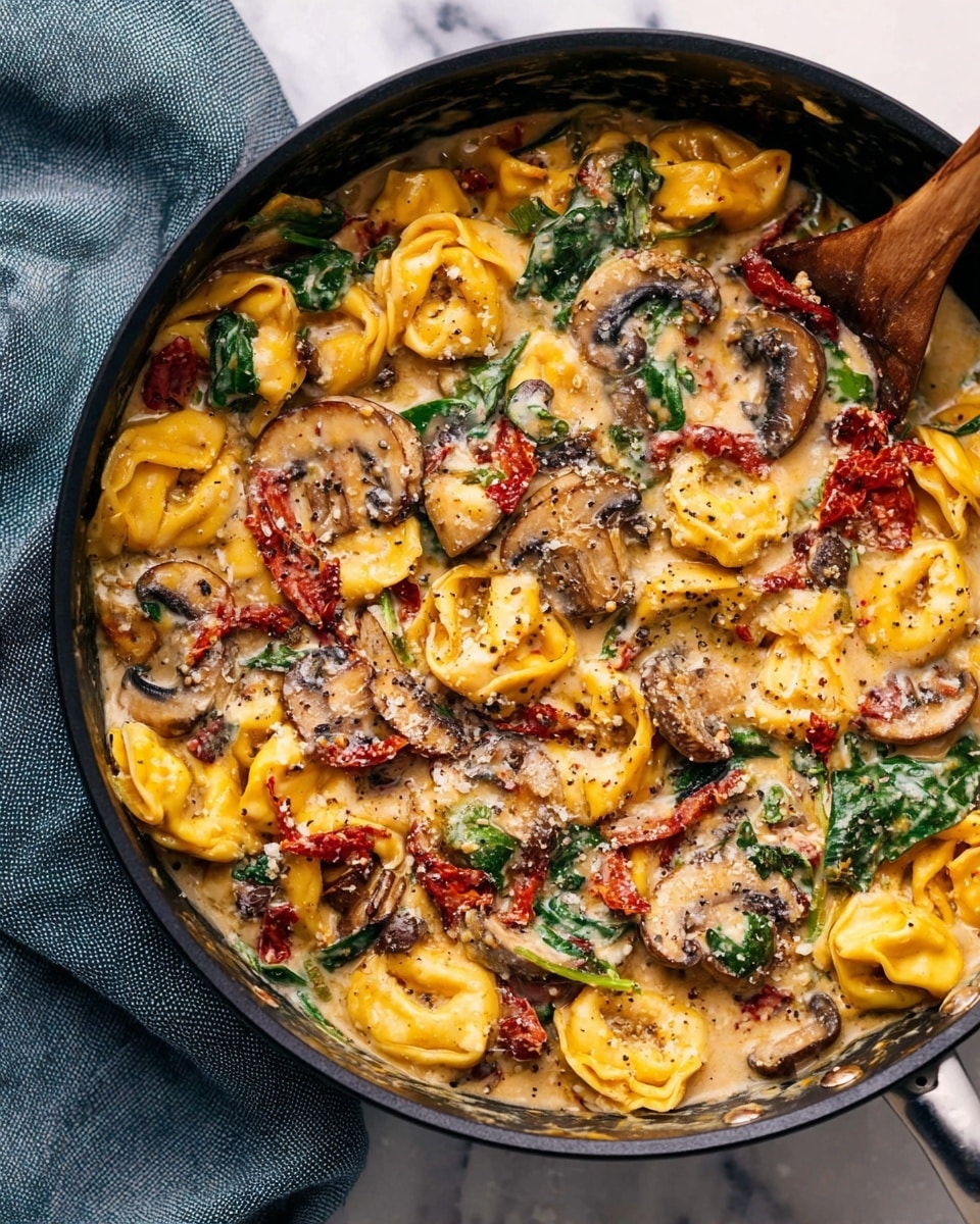 A close-up view of a skillet filled with creamy tortellini pasta dish showing three layers: the base layer is soft tortellini in yellow cheese sauce; the middle layer has sliced brown mushrooms and sun-dried red tomatoes mixed throughout; the top layer is sprinkled with fresh bright green spinach leaves and grated cheese melting over the dish. A wooden spoon is resting inside the skillet, slightly stirring the colorful, rich, and textured mixture. The skillet is placed on a white marbled surface with a blue cloth napkin nearby. Photo taken with an iphone --ar 4:5 --v 7