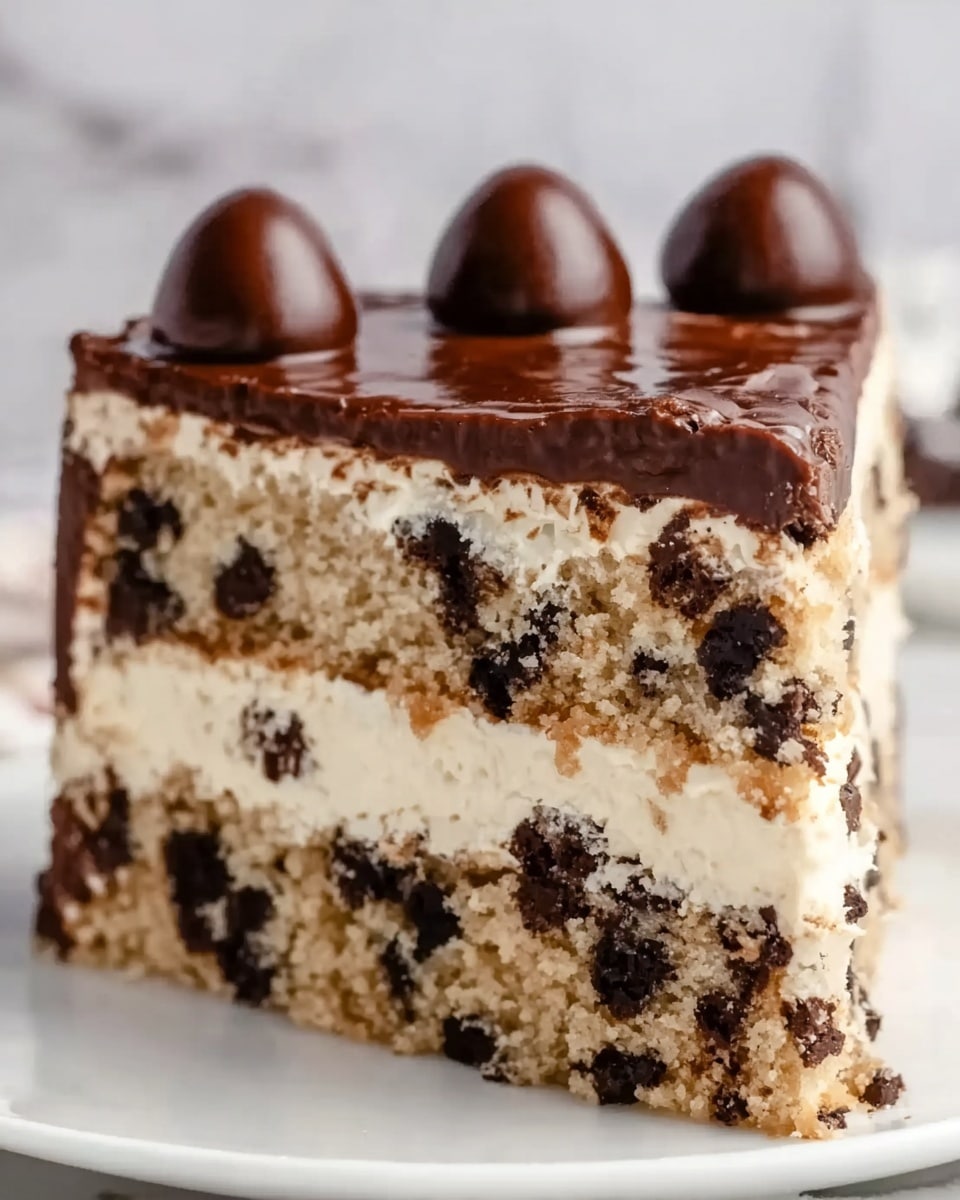 A close-up view of a layered dessert slice featuring three layers of moist chocolate chip cake with visible dark chocolate chips scattered throughout. Between the cake layers are two thick, creamy off-white frosting layers that look smooth and fluffy. The top of the slice is covered with a rich, glossy milk chocolate ganache layer that has three evenly spaced, large Hershey’s kiss-shaped chocolate dollops standing up. The entire slice is presented on a clean white plate, resting on a white marbled surface. photo taken with an iphone --ar 4:5 --v 7