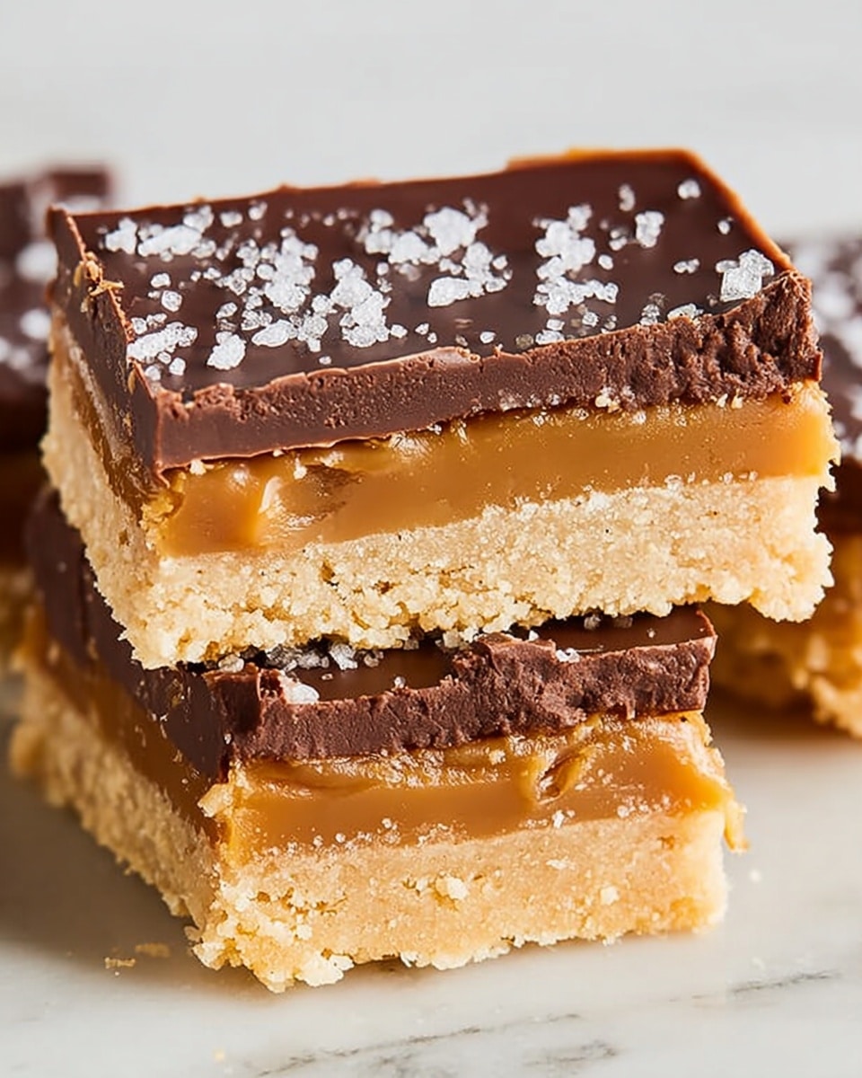 The image shows a close-up of two stacked dessert bars with three visible layers each. The bottom layer is thick and crumbly in a light beige color, resembling a shortbread crust. The middle layer is a smooth, caramel-like filling with a rich golden brown color and creamy texture. The top layer is a thick, matte dark chocolate layer with a slightly rough texture, sprinkled with coarse white sea salt flakes. The bars rest on a white marbled surface, highlighting their contrasting layers and textures. Photo taken with an iphone --ar 4:5 --v 7