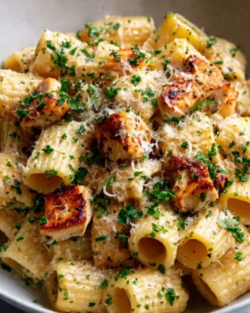 The image shows a close-up of a pasta dish with rigatoni pasta coated in a creamy light yellow sauce. On top, there are several pieces of golden brown grilled chicken with crispy edges. The dish is sprinkled generously with finely grated cheese and chopped green herbs, giving a fresh touch of color. The background is a white marbled texture, and the photo captures the texture and warmth of the food clearly. photo taken with an iphone --ar 4:5 --v 7