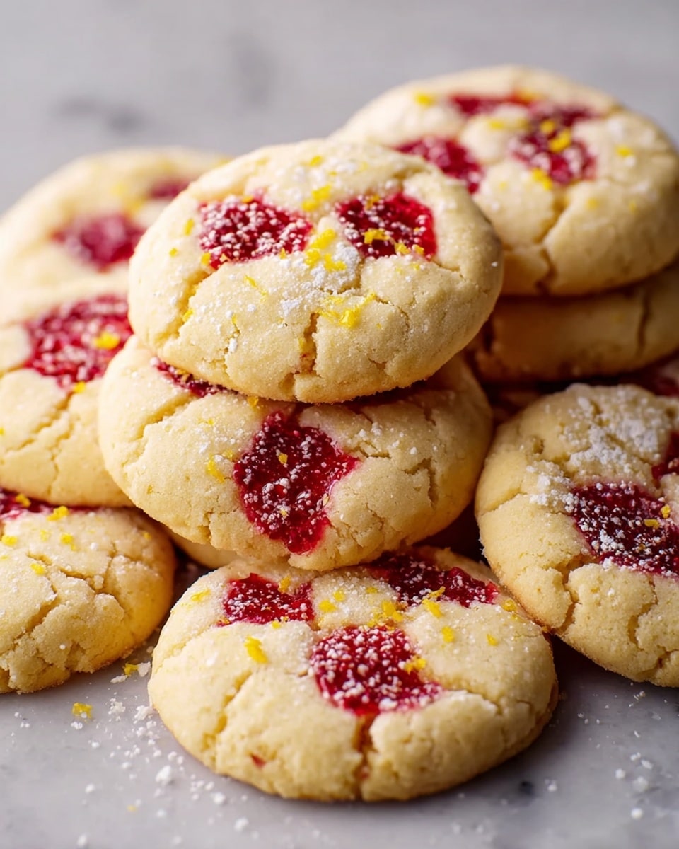A close-up of a pile of soft, round cookies stacked on a white marbled surface. Each cookie has a light golden color with visible cracks on the surface, showing a crumbly texture. Bright red raspberry pieces are embedded in the top layer, scattered evenly across the cookies. The top of each cookie is lightly dusted with white powdered sugar and small bits of yellow zest, adding contrast and detail. Photo taken with an iphone --ar 4:5 --v 7