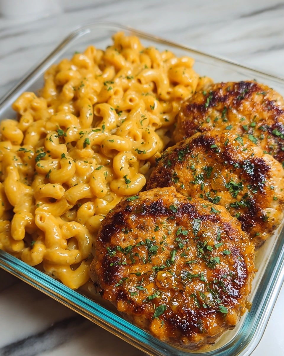 The image shows a clear glass container filled with two main sections of food. On the left side, there is creamy macaroni and cheese with a rich, smooth orange cheese sauce coating the small macaroni pasta, sprinkled with small green herbs. On the right side, there are four golden-brown, slightly crispy chicken patties stacked closely, with a glossy, herb-speckled seasoning on top that adds texture and shine. The background is a white marbled texture, providing a clean and bright setting. Photo taken with an iphone --ar 4:5 --v 7