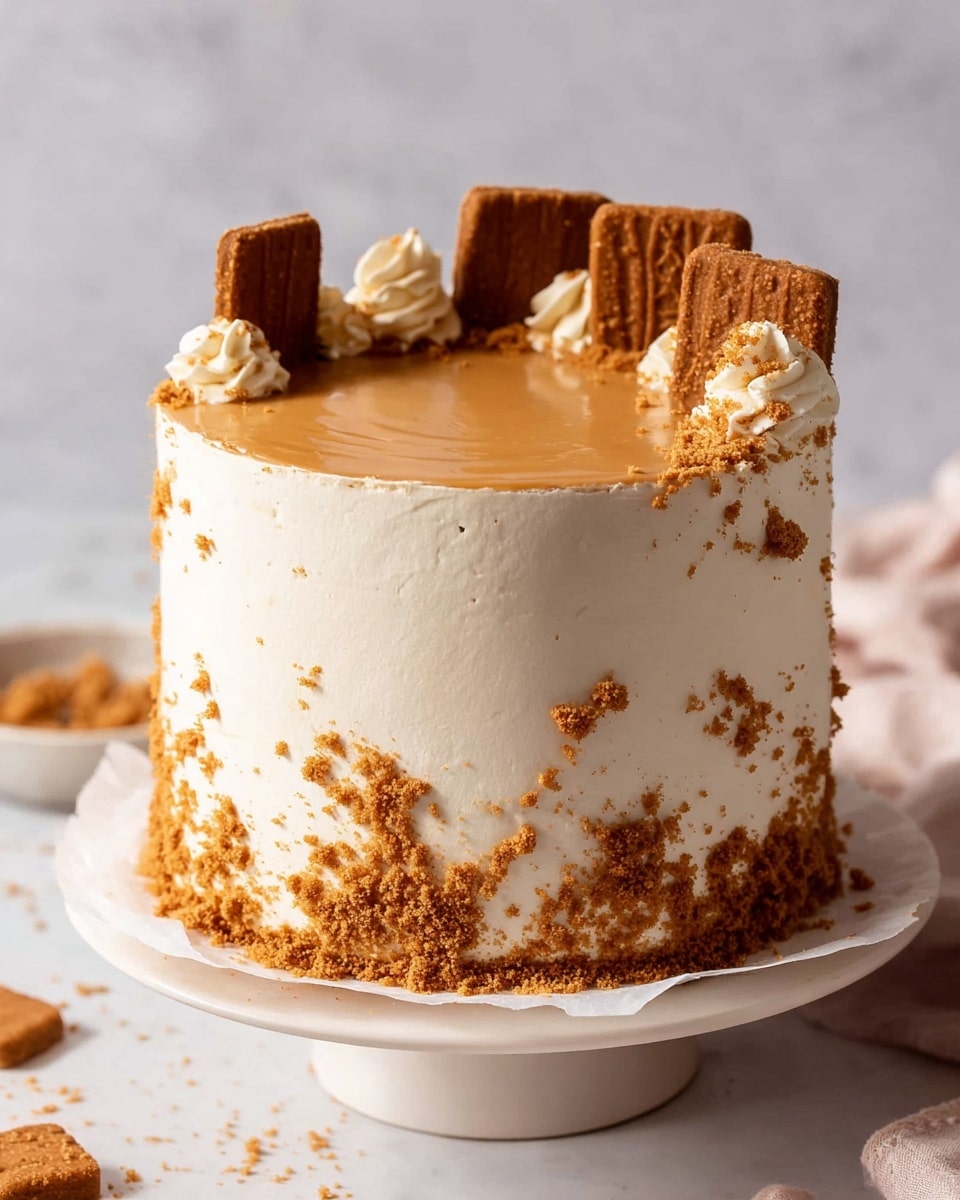 The image shows a small, round layered cake with smooth, light beige frosting covering the entire surface. The cake has visible crumbs mixed into the frosting on the sides, giving it a rustic look. On top, there are broken pieces of light brown cookies arranged casually. The cake sits on a small round wooden board, with a white marbled background. Soft lighting highlights the creamy texture and warm tones of the dessert. Photo taken with an iphone --ar 4:5 --v 7