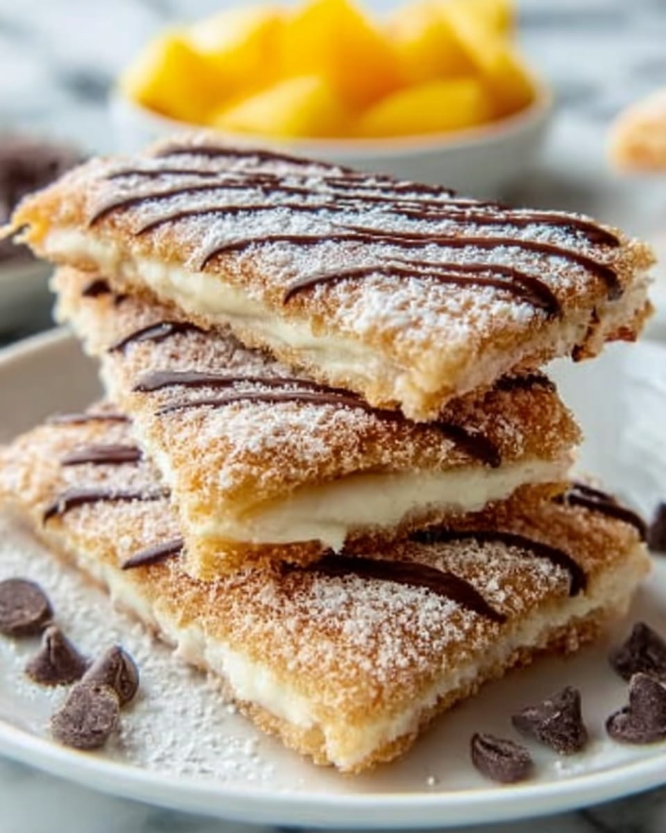 The image shows a stack of four crispy dessert bars on a white plate, each bar layered with a light golden-brown crust covered in sugar crystals and lightly dusted powdered sugar. Between the crust layers is a thick, creamy white filling. The top of the stack is decorated with thin, wavy lines of chocolate drizzle. In the background, slightly blurred, there is a small bowl of cubed yellow fruit on a white marbled surface. Photo taken with an iphone --ar 4:5 --v 7