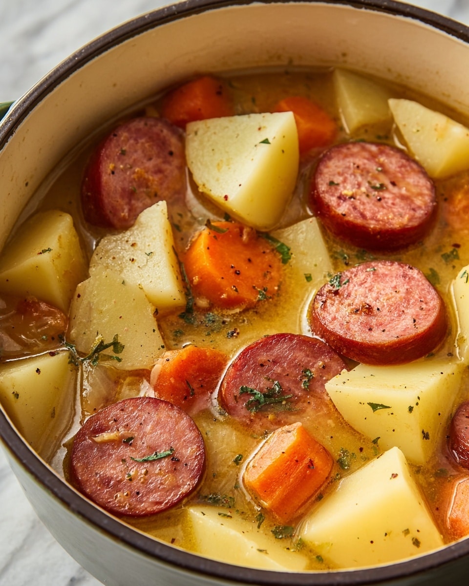 The image shows a close-up of a stew inside a white pot with a black rim, set on a white marbled texture. The dish has three visible layers: the bottom layer is a thick, light brown broth with a smooth but slightly chunky texture. Floating on top are large chunks of yellowish potatoes and bright orange carrot slices, both cooked and soft. The top layer consists of thick, circular slices of reddish-brown sausage, speckled with small bits of herbs and black pepper, scattered evenly over the vegetables and broth, creating a vibrant contrast in colors. The stew looks warm and hearty with herbs sprinkled lightly over the surface. photo taken with an iphone --ar 4:5 --v 7