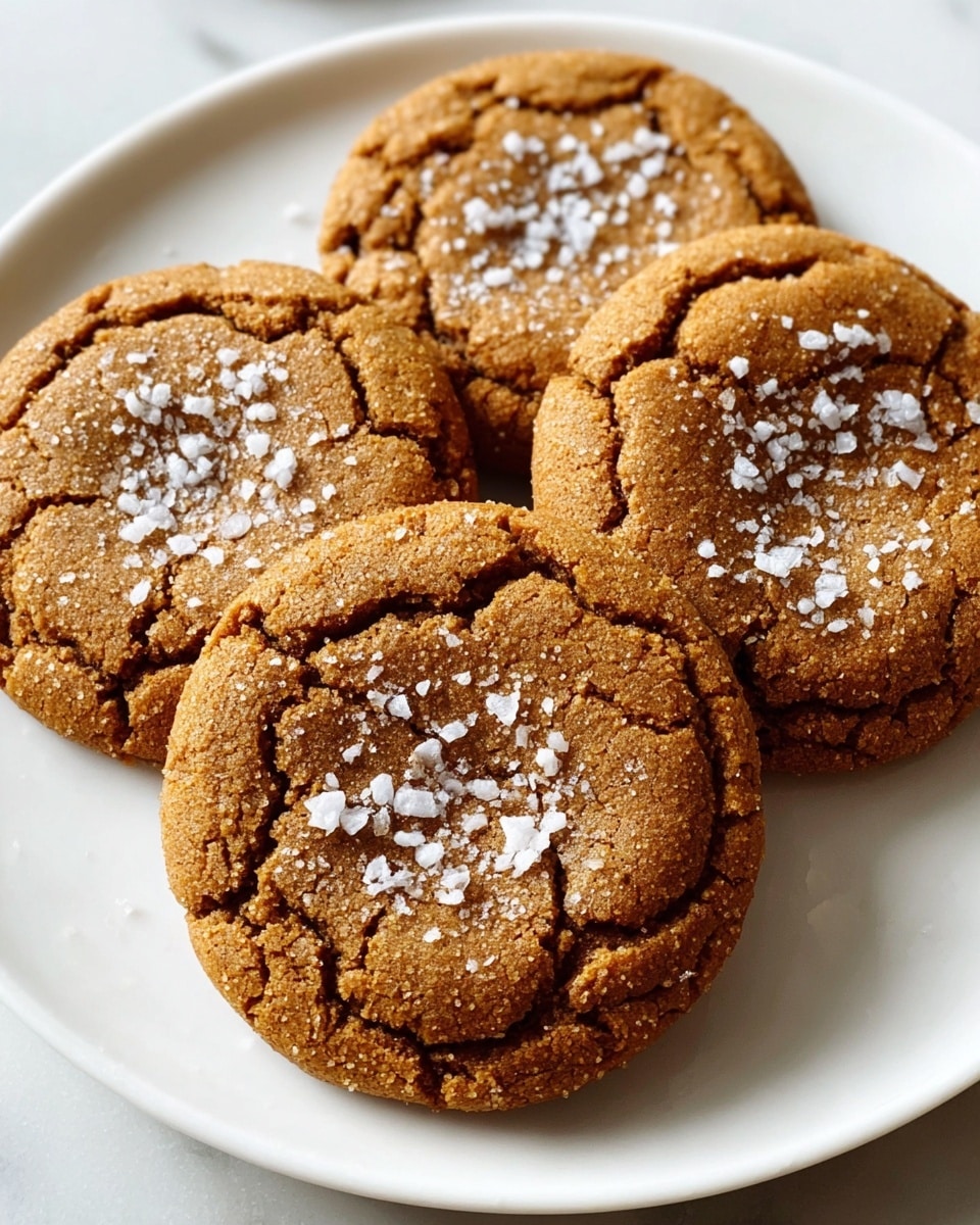 The image shows four cookies on a white plate, each cookie having two layers with a rough, cracked texture; the outer layer is a golden brown color with visible crumbly cracks, while the inner layer is slightly darker brown and smoother but still textured. The center of each cookie is sprinkled with coarse white salt grains, adding contrast to the rich brown tones. The plate is set on a white marbled surface that adds subtle texture to the background. The photo taken with an iphone --ar 4:5 --v 7