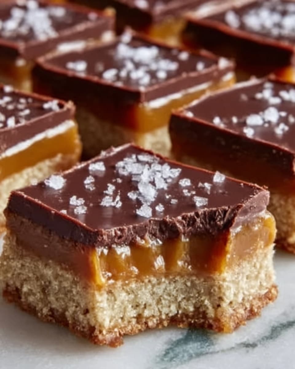 The image shows a close-up of a dessert bar with three visible layers. The bottom layer is a light beige crumbly crust with a rough, grainy texture. The middle layer is a thick, smooth, and shiny caramel colored bright orange. The top layer is a dark, glossy chocolate ganache spread evenly, with some small coarse white salt flakes sprinkled on top. A section of the dessert is cut out in the front, showing the clean separation of the three layers. The background uses a white marbled texture. Photo taken with an iphone --ar 4:5 --v 7